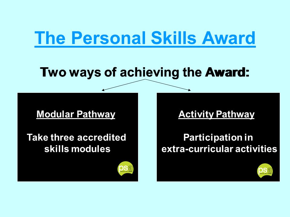 Modular Pathway Take three accredited skills modules The Personal Skills Award Two ways of achieving the Award: Activity Pathway Participation in extra-curricular activities