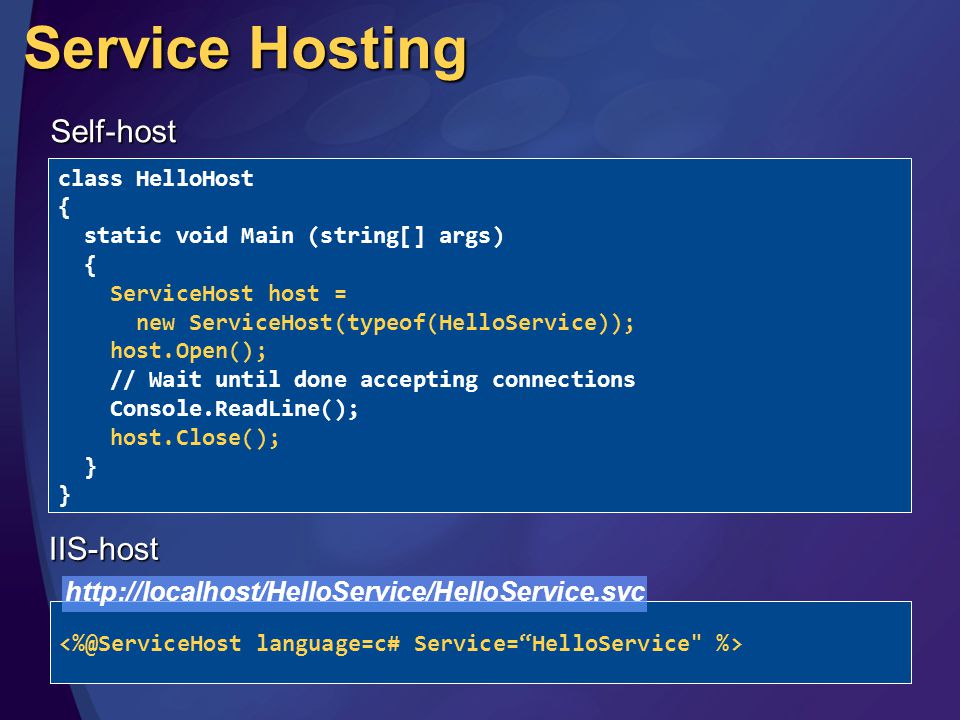 class HelloHost { static void Main (string[] args) { ServiceHost host = new ServiceHost(typeof(HelloService)); host.Open(); // Wait until done accepting connections Console.ReadLine(); host.Close(); } Service Hosting   Self-host IIS-host