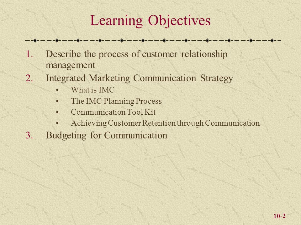 10-2 Learning Objectives 1.Describe the process of customer relationship management 2.Integrated Marketing Communication Strategy What is IMC The IMC Planning Process Communication Tool Kit Achieving Customer Retention through Communication 3.Budgeting for Communication