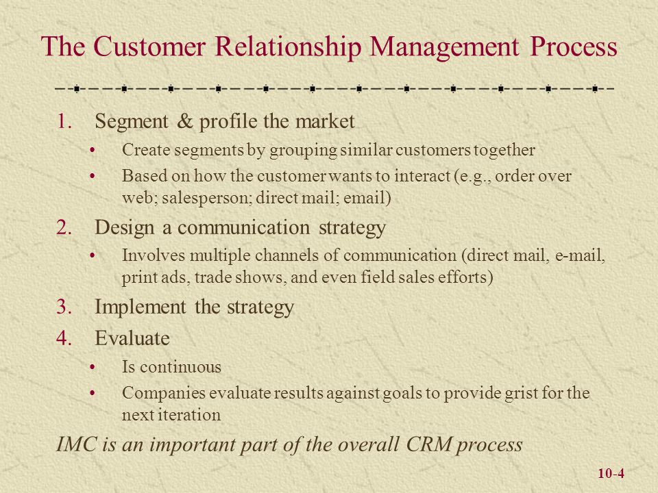 10-4 The Customer Relationship Management Process 1.Segment & profile the market Create segments by grouping similar customers together Based on how the customer wants to interact (e.g., order over web; salesperson; direct mail;  ) 2.Design a communication strategy Involves multiple channels of communication (direct mail,  , print ads, trade shows, and even field sales efforts) 3.Implement the strategy 4.Evaluate Is continuous Companies evaluate results against goals to provide grist for the next iteration IMC is an important part of the overall CRM process