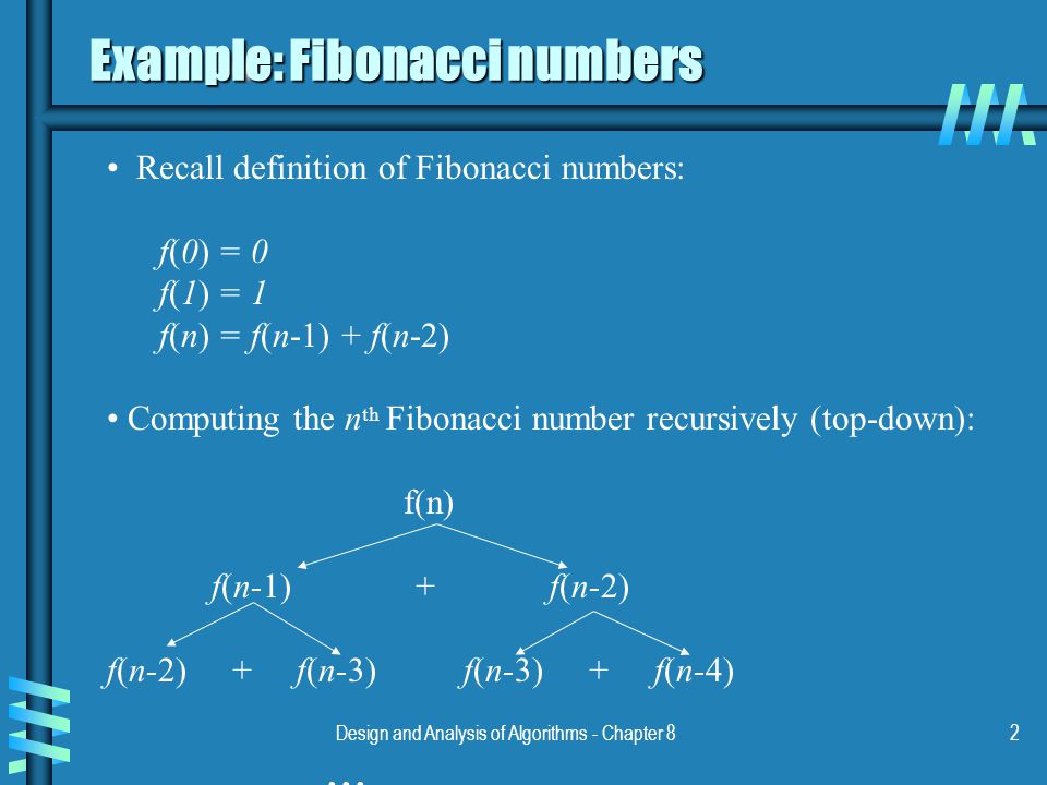 Design and Analysis of Algorithms - Chapter 82 Example: Fibonacci numbers Recall definition of Fibonacci numbers: f(0) = 0 f(1) = 1 f(n) = f(n-1) + f(n-2) Computing the n th Fibonacci number recursively (top-down): f(n) f(n-1) + f(n-2) f(n-2) + f(n-3) f(n-3) + f(n-4)...