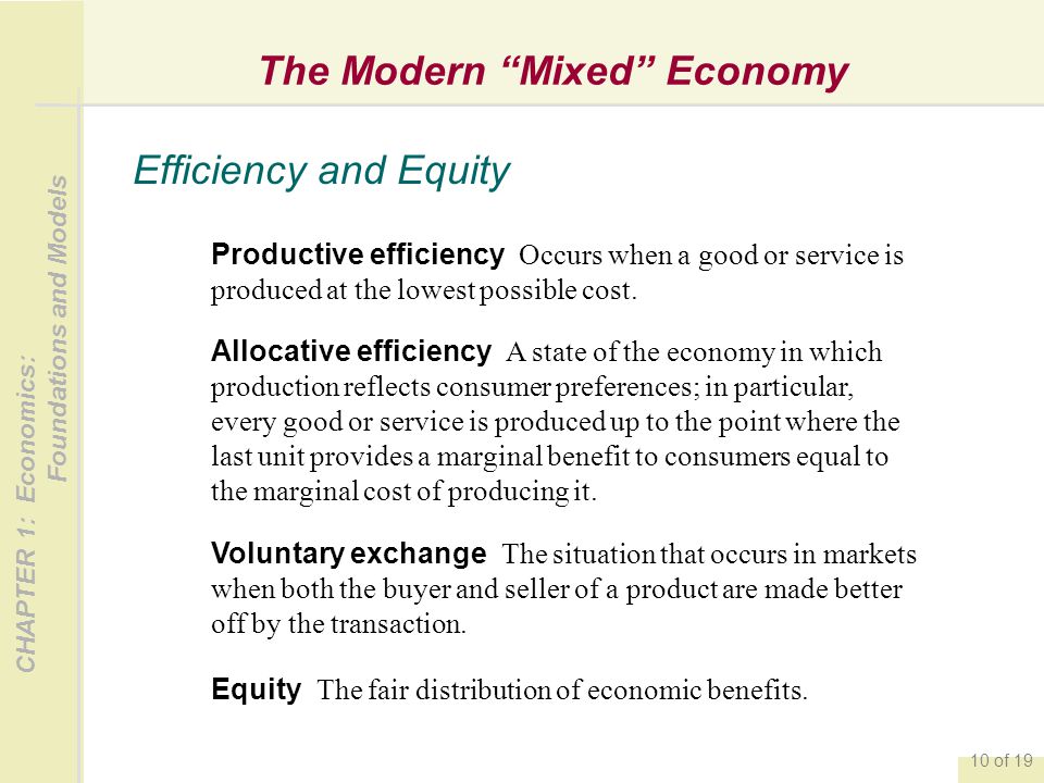 CHAPTER 1: Economics: Foundations and Models 10 of 19 The Modern Mixed Economy Productive efficiency Occurs when a good or service is produced at the lowest possible cost.