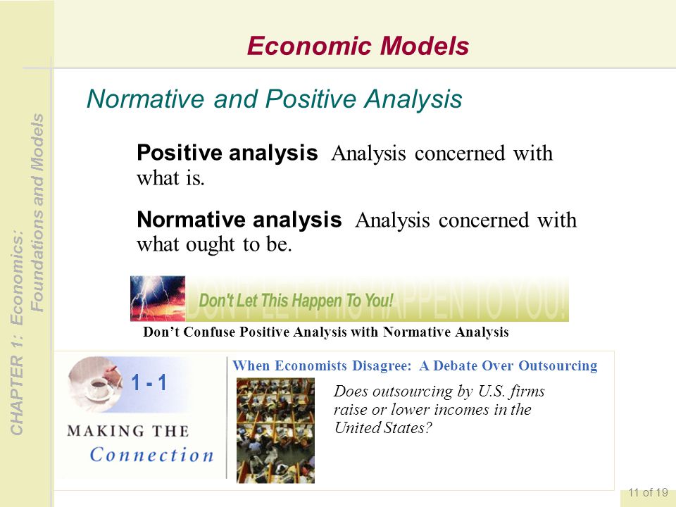 CHAPTER 1: Economics: Foundations and Models 11 of 19 Economic Models Positive analysis Analysis concerned with what is.