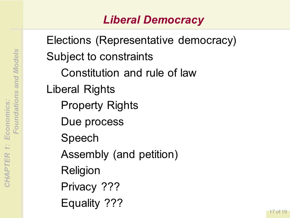 CHAPTER 1: Economics: Foundations and Models 17 of 19 Liberal Democracy Elections (Representative democracy) Subject to constraints Constitution and rule of law Liberal Rights Property Rights Due process Speech Assembly (and petition) Religion Privacy .