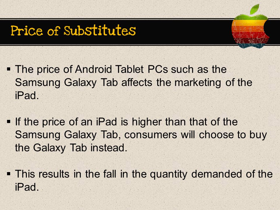  The price of Android Tablet PCs such as the Samsung Galaxy Tab affects the marketing of the iPad.
