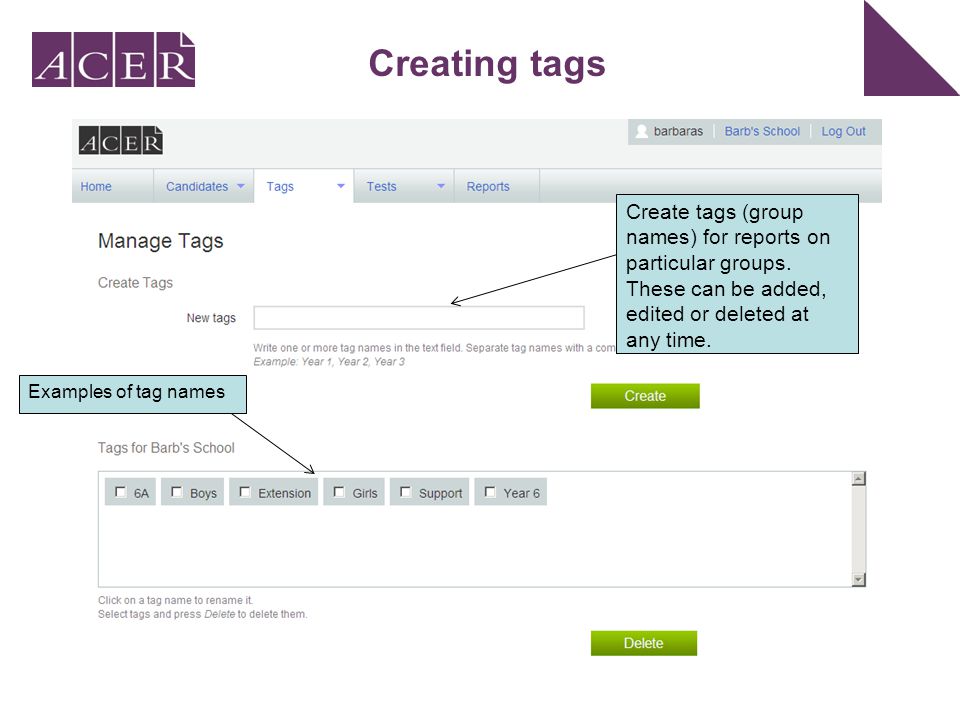 Create tags (group names) for reports on particular groups.
