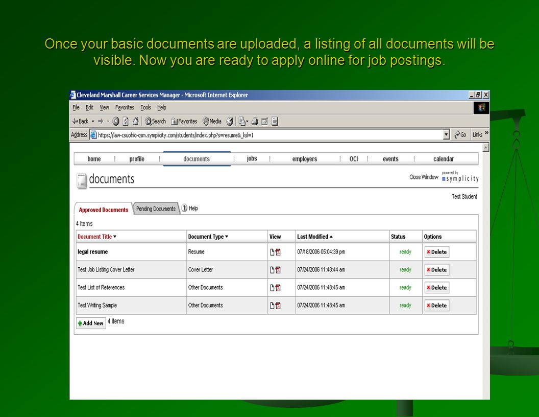 Once your basic documents are uploaded, a listing of all documents will be visible.