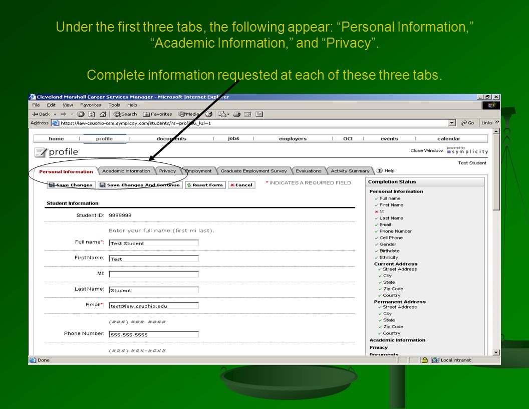 Under the first three tabs, the following appear: Personal Information, Academic Information, and Privacy .