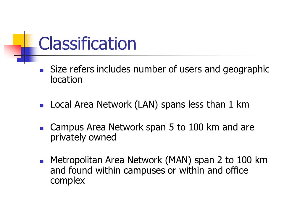 Classification Size refers includes number of users and geographic location Local Area Network (LAN) spans less than 1 km Campus Area Network span 5 to 100 km and are privately owned Metropolitan Area Network (MAN) span 2 to 100 km and found within campuses or within and office complex
