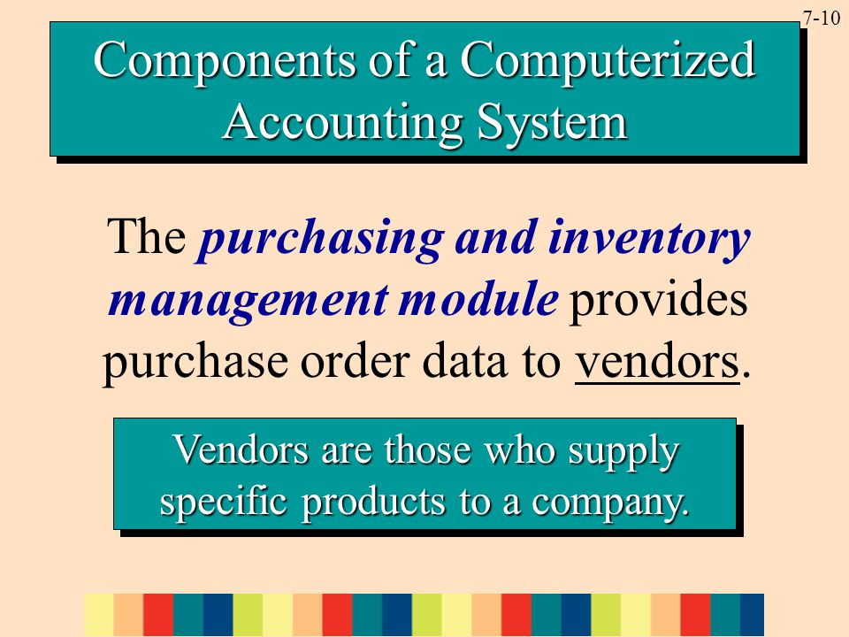 7-10 The purchasing and inventory management module provides purchase order data to vendors.