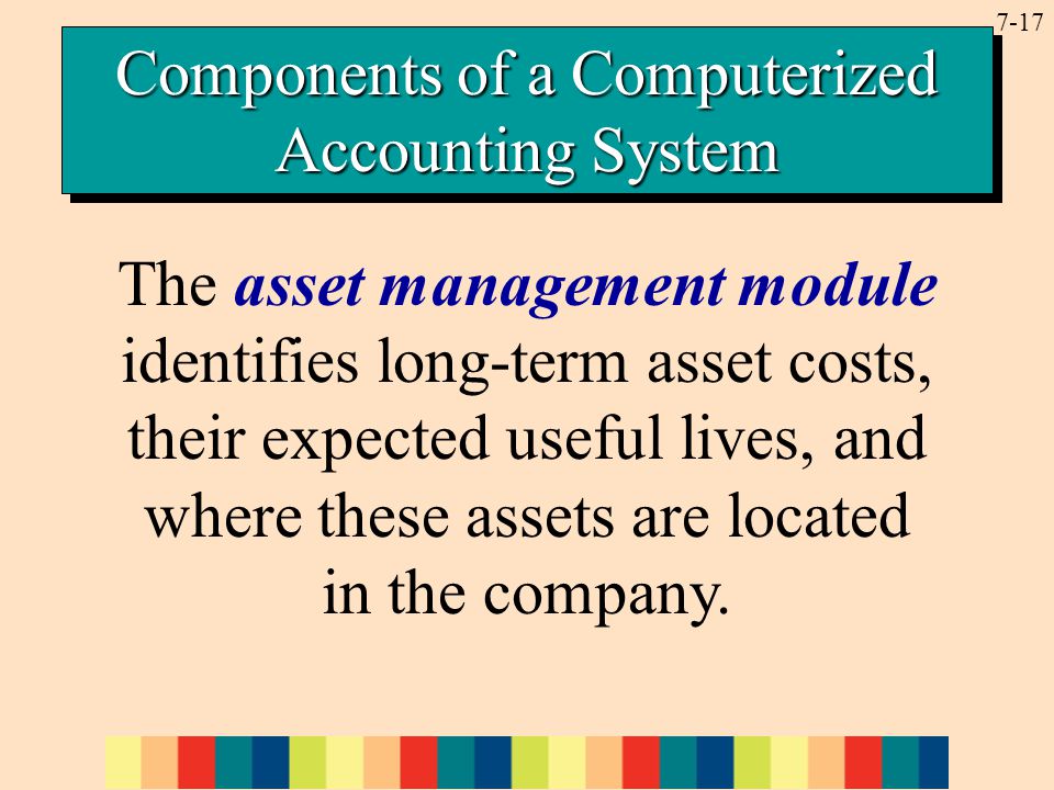 7-17 The asset management module identifies long-term asset costs, their expected useful lives, and where these assets are located in the company.