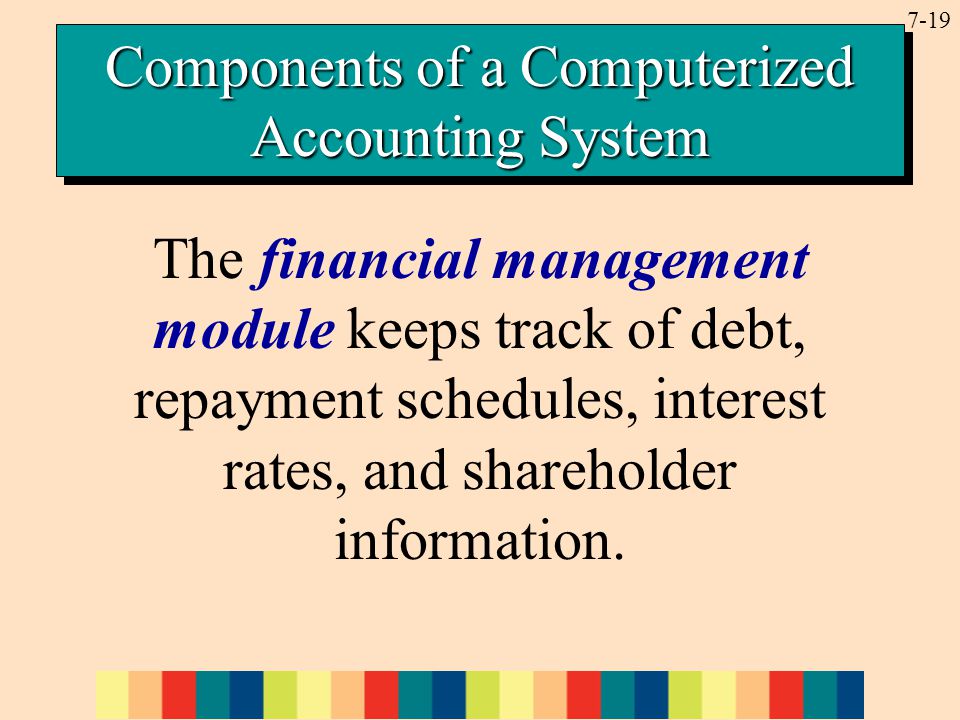 7-19 The financial management module keeps track of debt, repayment schedules, interest rates, and shareholder information.
