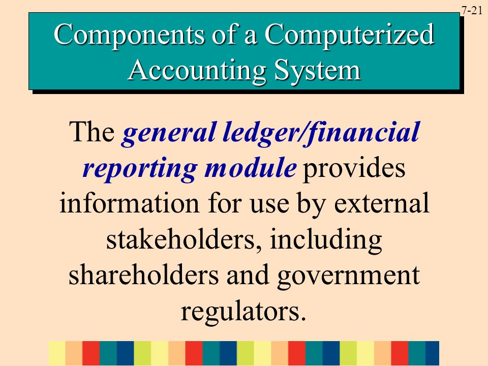 7-21 The general ledger/financial reporting module provides information for use by external stakeholders, including shareholders and government regulators.