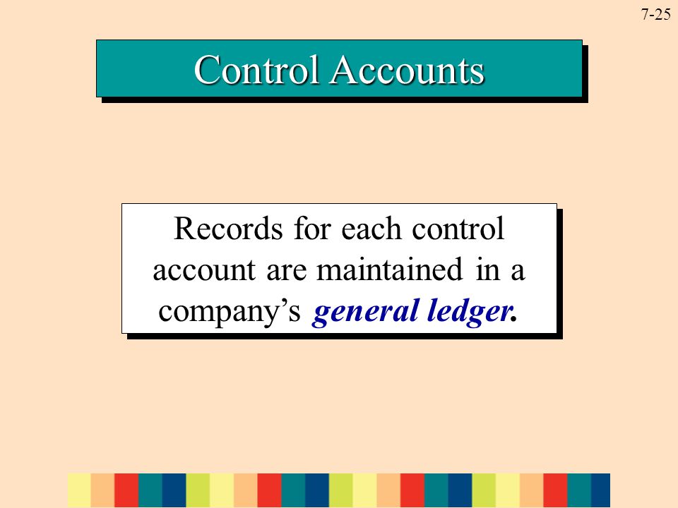 7-25 Control Accounts Records for each control account are maintained in a company’s general ledger.