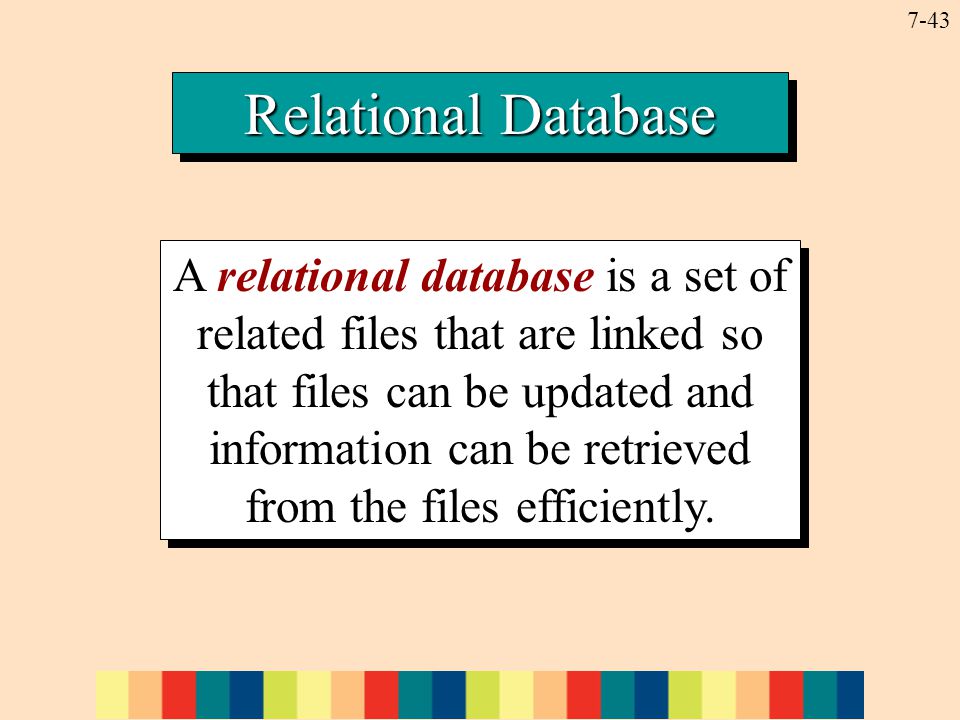 7-43 Relational Database A relational database is a set of related files that are linked so that files can be updated and information can be retrieved from the files efficiently.