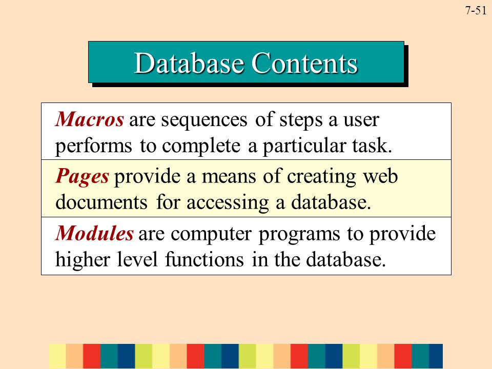 7-51 Database Contents Macros are sequences of steps a user performs to complete a particular task.