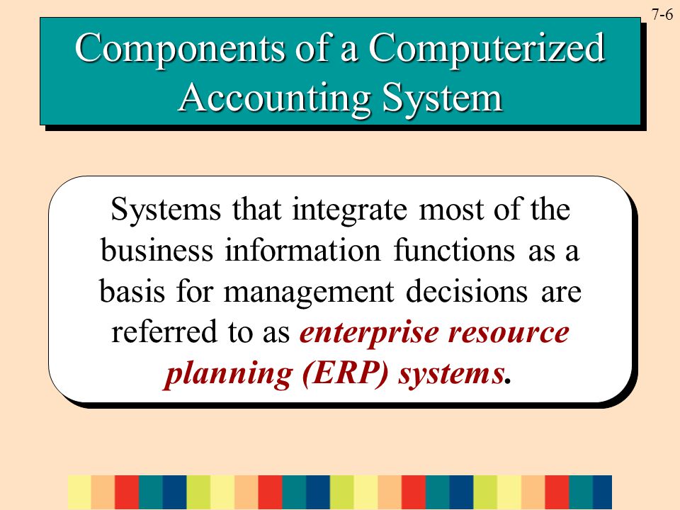 7-6 Components of a Computerized Accounting System Systems that integrate most of the business information functions as a basis for management decisions are referred to as enterprise resource planning (ERP) systems.