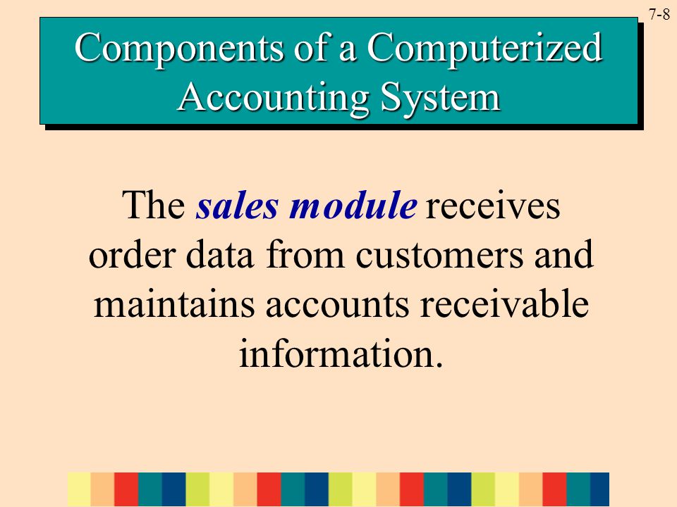 7-8 The sales module receives order data from customers and maintains accounts receivable information.