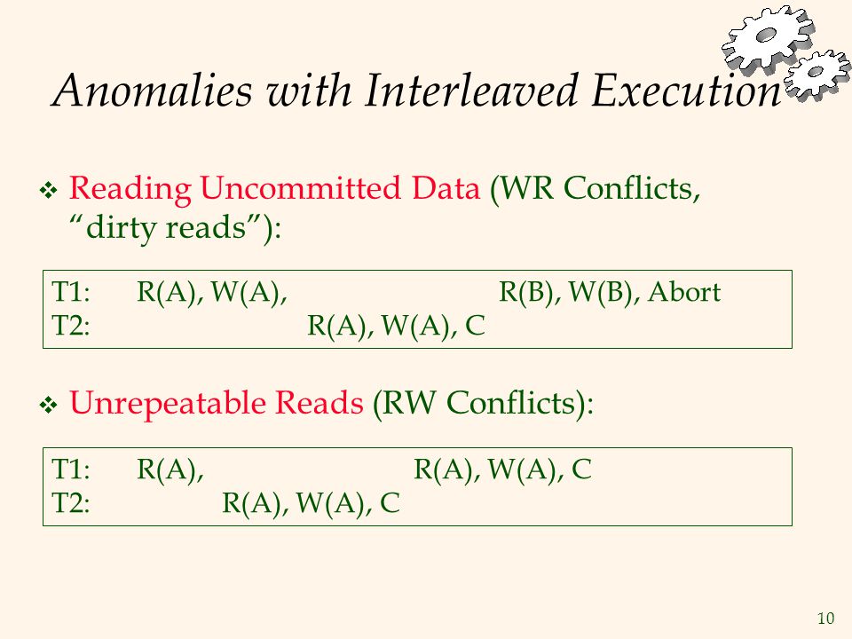 10 Anomalies with Interleaved Execution  Reading Uncommitted Data (WR Conflicts, dirty reads ):  Unrepeatable Reads (RW Conflicts): T1: R(A), W(A), R(B), W(B), Abort T2:R(A), W(A), C T1:R(A), R(A), W(A), C T2:R(A), W(A), C