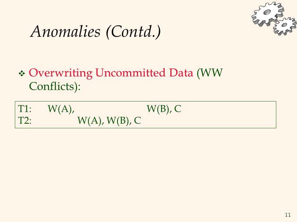 11 Anomalies (Contd.)  Overwriting Uncommitted Data (WW Conflicts): T1:W(A), W(B), C T2:W(A), W(B), C