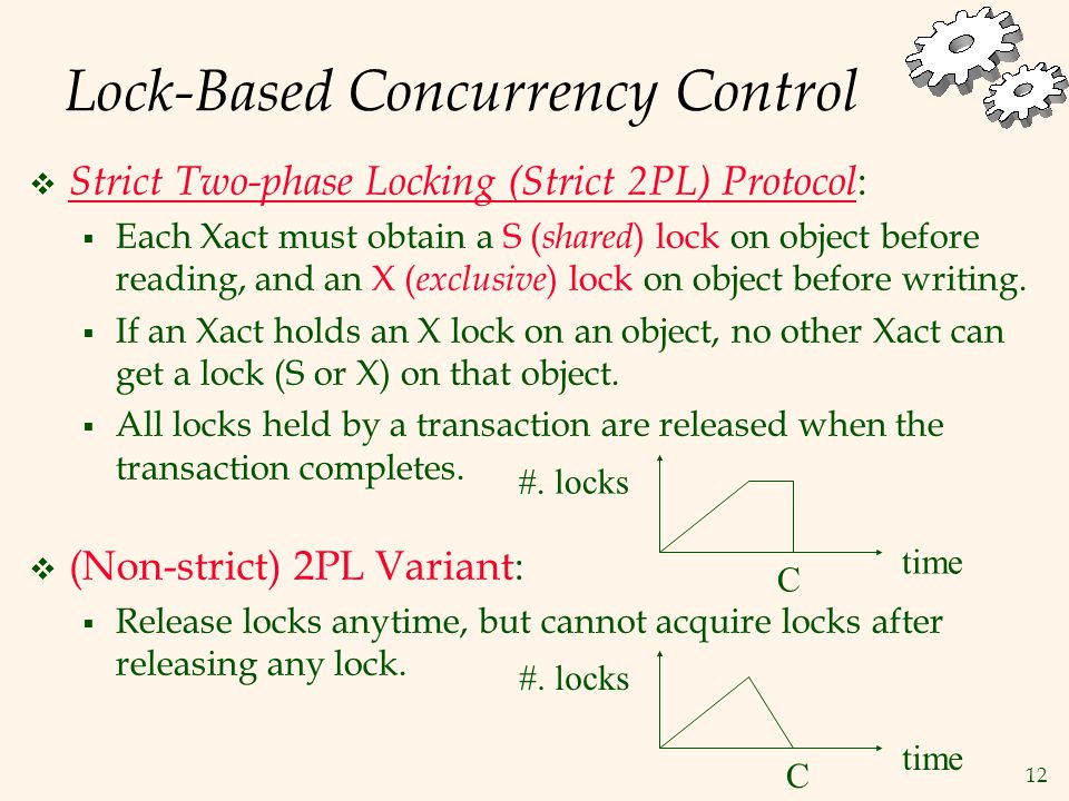12 Lock-Based Concurrency Control  Strict Two-phase Locking (Strict 2PL) Protocol :  Each Xact must obtain a S ( shared ) lock on object before reading, and an X ( exclusive ) lock on object before writing.