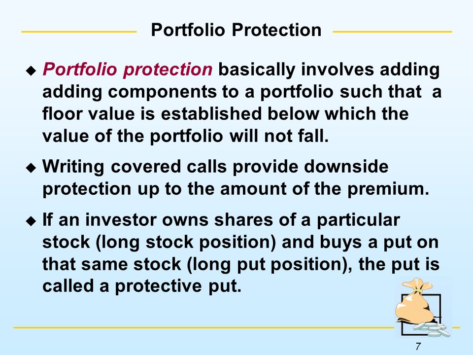 7  Portfolio protection basically involves adding adding components to a portfolio such that a floor value is established below which the value of the portfolio will not fall.