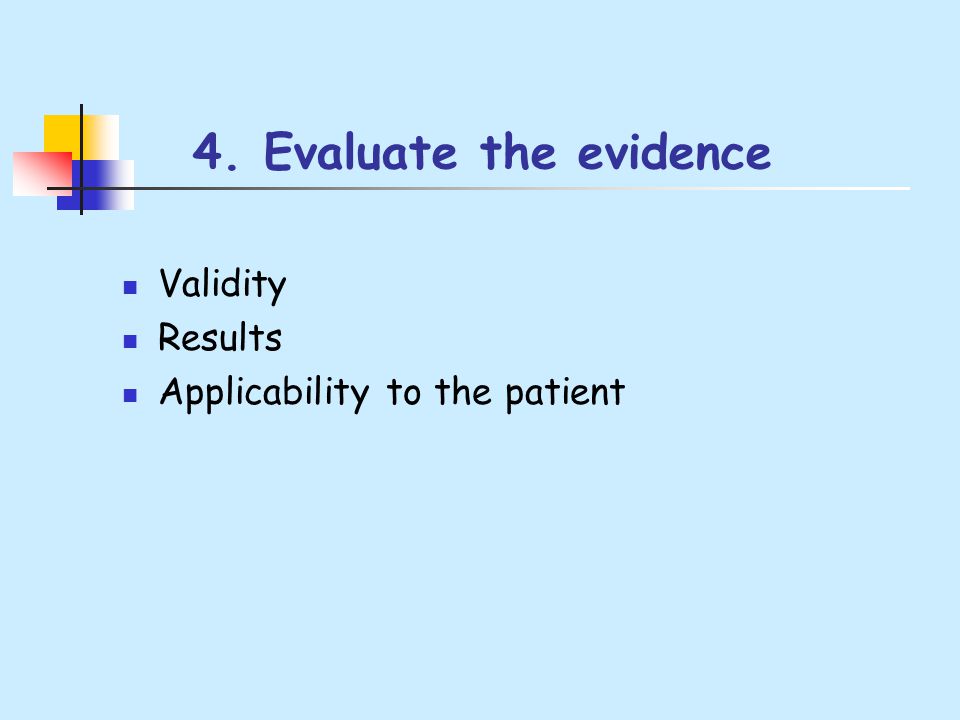 4. Evaluate the evidence Validity Results Applicability to the patient