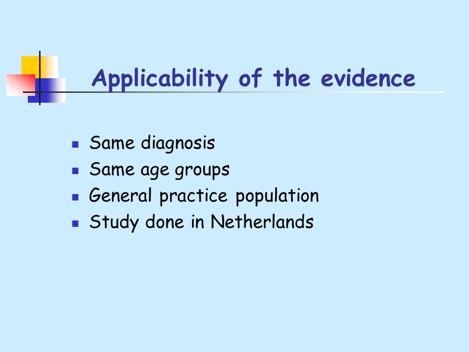 Applicability of the evidence Same diagnosis Same age groups General practice population Study done in Netherlands