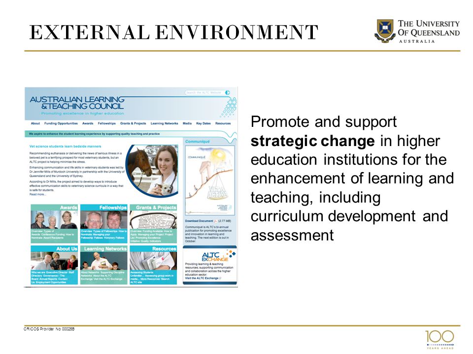 EXTERNAL ENVIRONMENT Promote and support strategic change in higher education institutions for the enhancement of learning and teaching, including curriculum development and assessment CRICOS Provider No 00025B