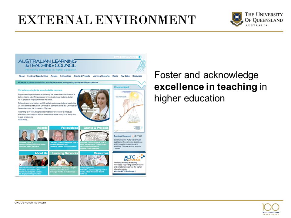 EXTERNAL ENVIRONMENT Foster and acknowledge excellence in teaching in higher education CRICOS Provider No 00025B