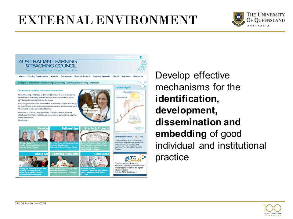 EXTERNAL ENVIRONMENT Develop effective mechanisms for the identification, development, dissemination and embedding of good individual and institutional practice CRICOS Provider No 00025B