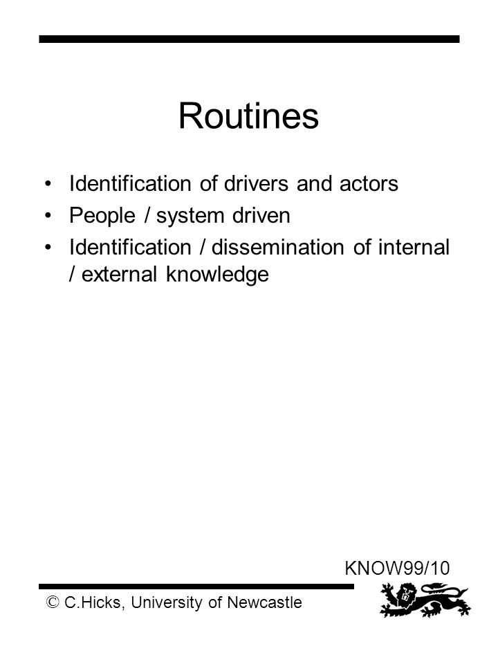© C.Hicks, University of Newcastle KNOW99/10 Routines Identification of drivers and actors People / system driven Identification / dissemination of internal / external knowledge