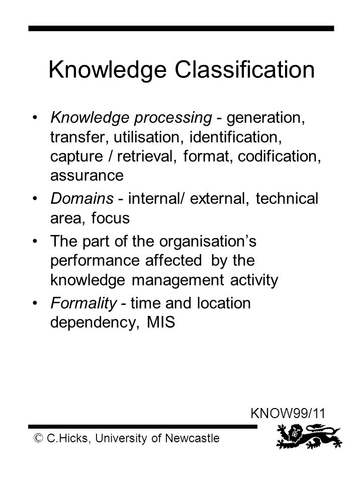 © C.Hicks, University of Newcastle KNOW99/11 Knowledge Classification Knowledge processing - generation, transfer, utilisation, identification, capture / retrieval, format, codification, assurance Domains - internal/ external, technical area, focus The part of the organisation’s performance affected by the knowledge management activity Formality - time and location dependency, MIS