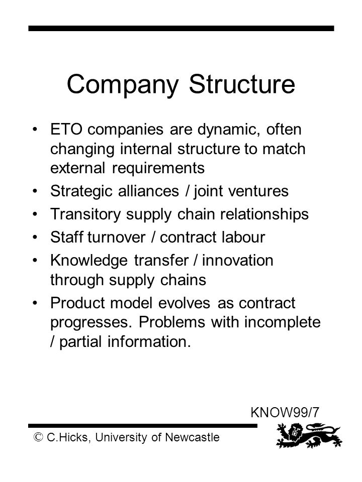 © C.Hicks, University of Newcastle KNOW99/7 Company Structure ETO companies are dynamic, often changing internal structure to match external requirements Strategic alliances / joint ventures Transitory supply chain relationships Staff turnover / contract labour Knowledge transfer / innovation through supply chains Product model evolves as contract progresses.