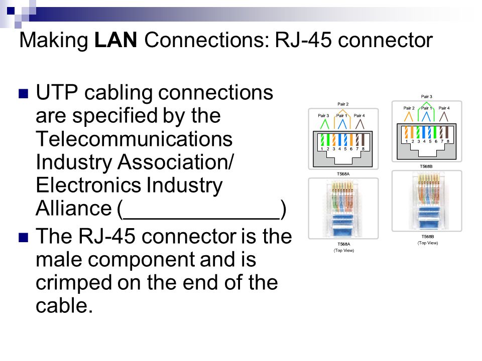 Making LAN Connections: RJ-45 connector UTP cabling connections are specified by the Telecommunications Industry Association/ Electronics Industry Alliance (_____________) The RJ-45 connector is the male component and is crimped on the end of the cable.
