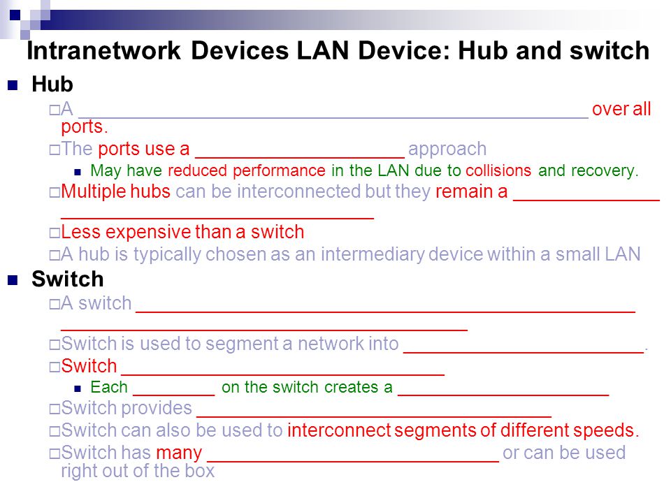 Intranetwork Devices LAN Device: Hub and switch Hub  A _________________________________________________ over all ports.