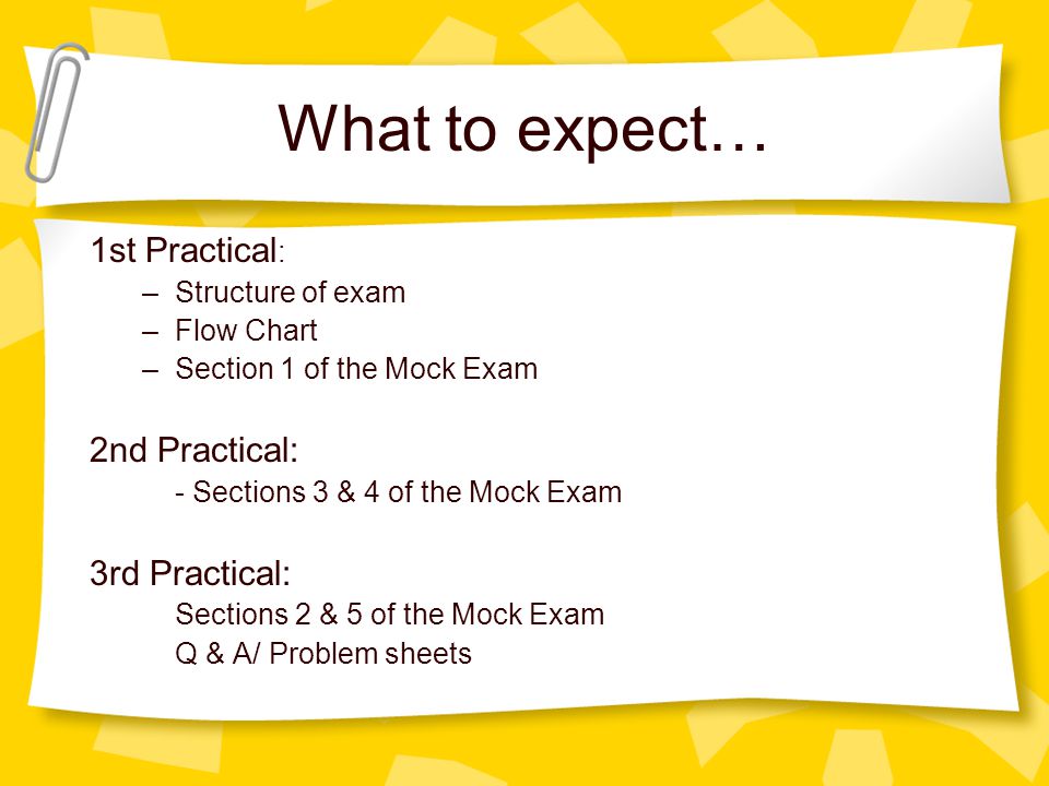What to expect… 1st Practical : –Structure of exam –Flow Chart –Section 1 of the Mock Exam 2nd Practical: - Sections 3 & 4 of the Mock Exam 3rd Practical: Sections 2 & 5 of the Mock Exam Q & A/ Problem sheets