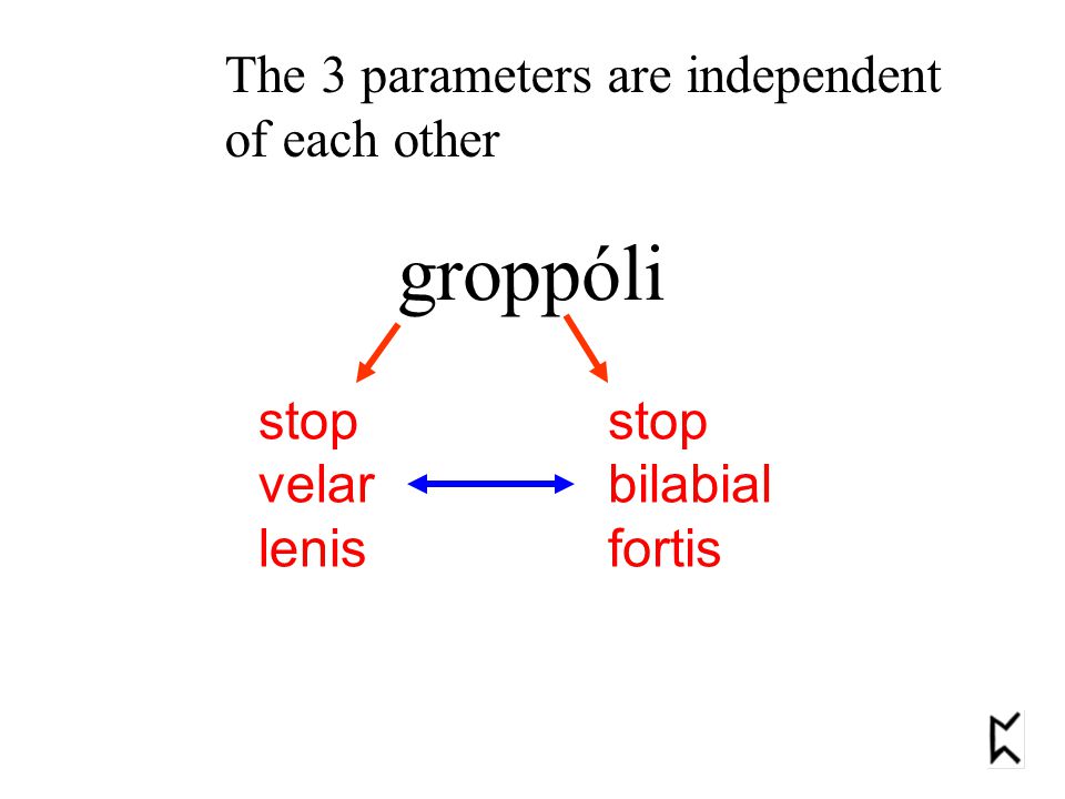 groppóli The 3 parameters are independent of each other stop velar lenis stop bilabial fortis
