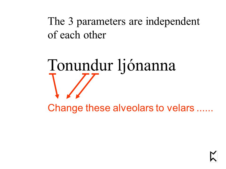 Tonundur ljónanna The 3 parameters are independent of each other Change these alveolars to velars......