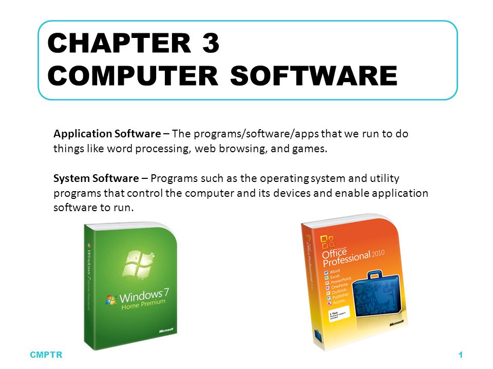 CMPTR1 CHAPTER 3 COMPUTER SOFTWARE Application Software – The programs/software/apps that we run to do things like word processing, web browsing, and games.