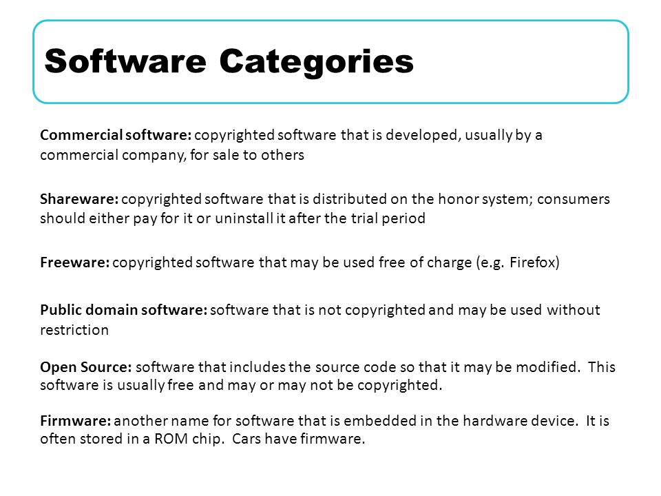 Software Categories Commercial software: copyrighted software that is developed, usually by a commercial company, for sale to others Shareware: copyrighted software that is distributed on the honor system; consumers should either pay for it or uninstall it after the trial period Freeware: copyrighted software that may be used free of charge (e.g.