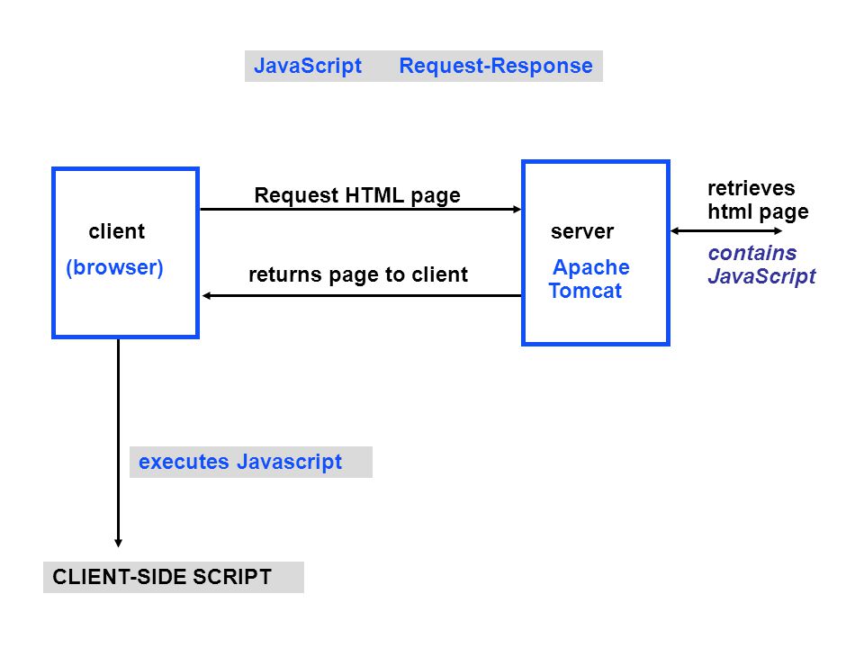 JavaScript Request-Response executes Javascript contains JavaScript CLIENT-SIDE SCRIPT returns page to client Request HTML page client (browser) retrieves html page server Apache Tomcat