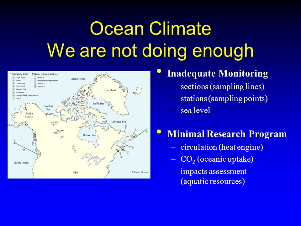 Ocean Climate We are not doing enough Inadequate Monitoring –sections (sampling lines) –stations (sampling points) –sea level Minimal Research Program –circulation (heat engine) –CO 2 (oceanic uptake) –impacts assessment (aquatic resources)