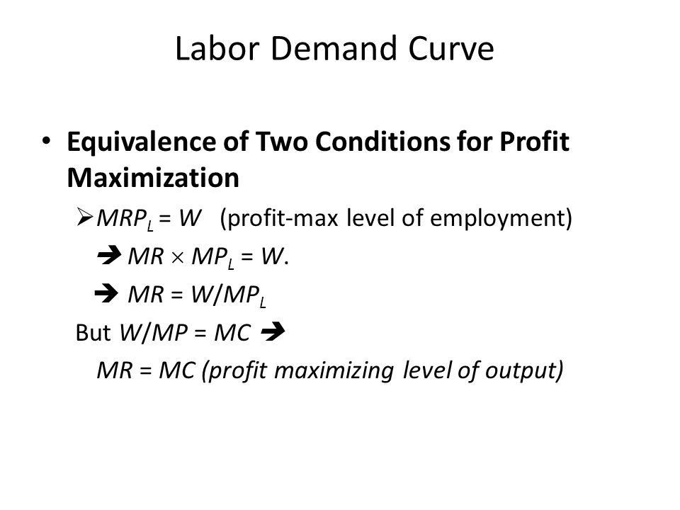 Labor Demand Curve Equivalence of Two Conditions for Profit Maximization  MRP L = W (profit-max level of employment)  MR  MP L = W.