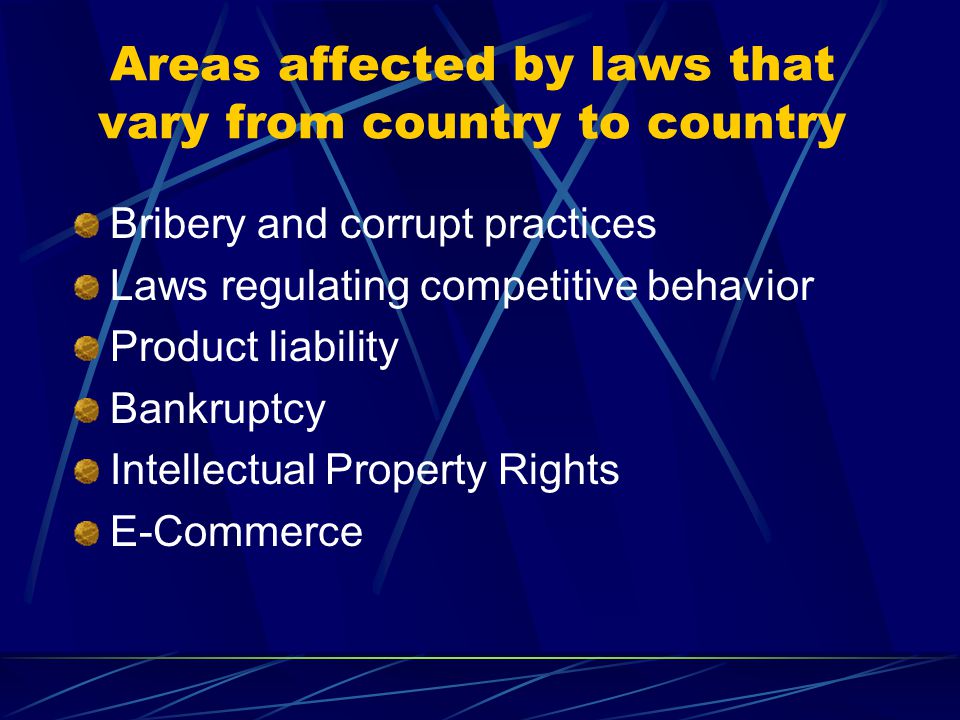 Areas affected by laws that vary from country to country Bribery and corrupt practices Laws regulating competitive behavior Product liability Bankruptcy Intellectual Property Rights E-Commerce