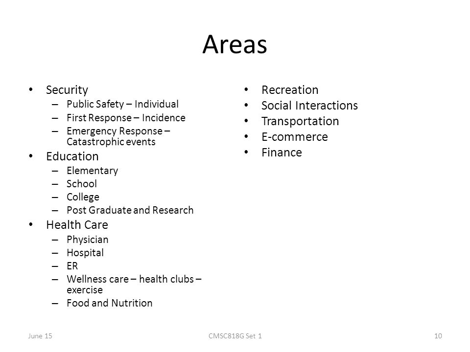 Areas Security – Public Safety – Individual – First Response – Incidence – Emergency Response – Catastrophic events Education – Elementary – School – College – Post Graduate and Research Health Care – Physician – Hospital – ER – Wellness care – health clubs – exercise – Food and Nutrition Recreation Social Interactions Transportation E-commerce Finance June 15CMSC818G Set 110