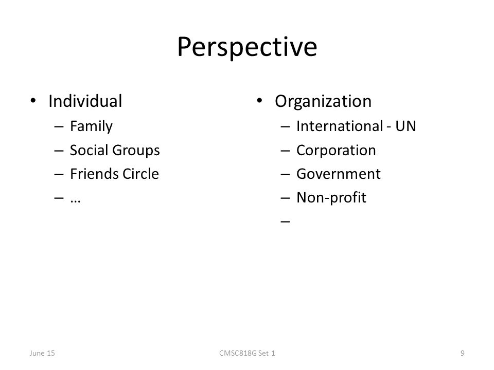 Perspective Individual – Family – Social Groups – Friends Circle – … Organization – International - UN – Corporation – Government – Non-profit – June 15CMSC818G Set 19