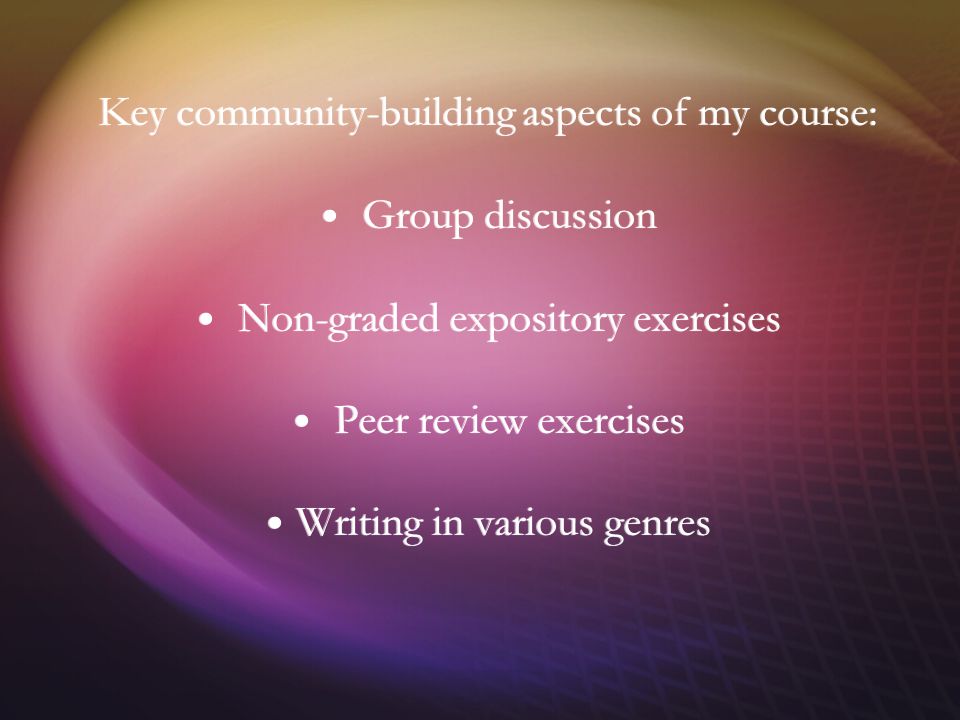 Key community-building aspects of my course: Group discussion Non-graded expository exercises Peer review exercises Writing in various genres