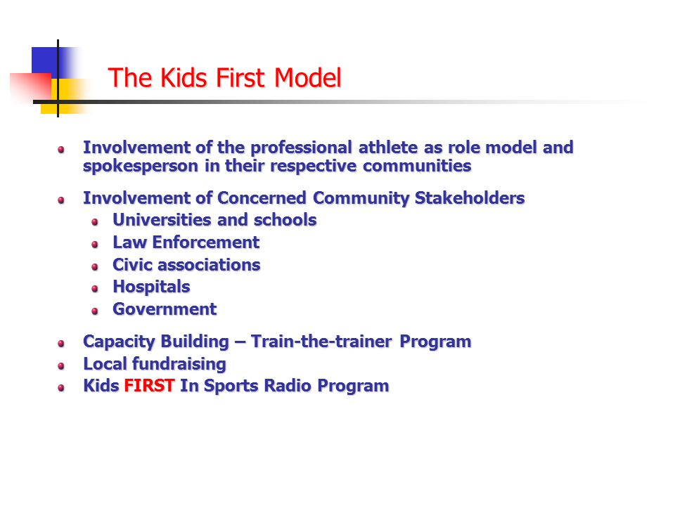 The Kids First Model Involvement of the professional athlete as role model and spokesperson in their respective communities Involvement of Concerned Community Stakeholders Universities and schools Law Enforcement Civic associations HospitalsGovernment Capacity Building – Train-the-trainer Program Local fundraising Kids FIRST In Sports Radio Program