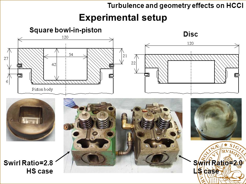 Turbulence and geometry effects on HCCI Experimental setup Square bowl-in-piston Disc Swirl Ratio=2.8 HS case Swirl Ratio=2.0 LS case